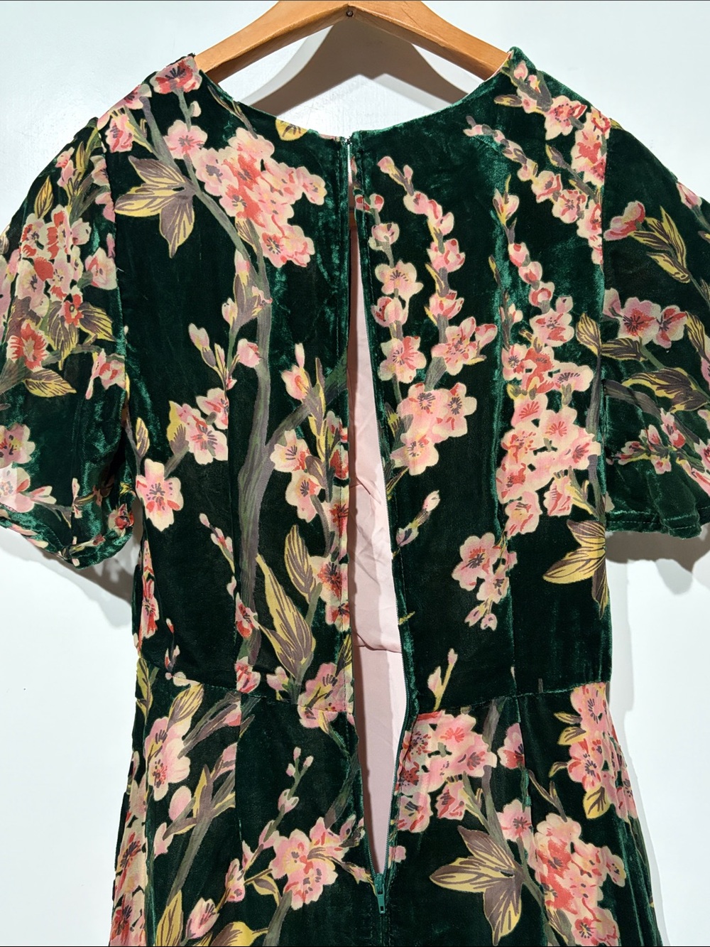•Modcloth• Metallic Emerald Velvet Maxi Dress with Pink Floral - Picture 9 of 15